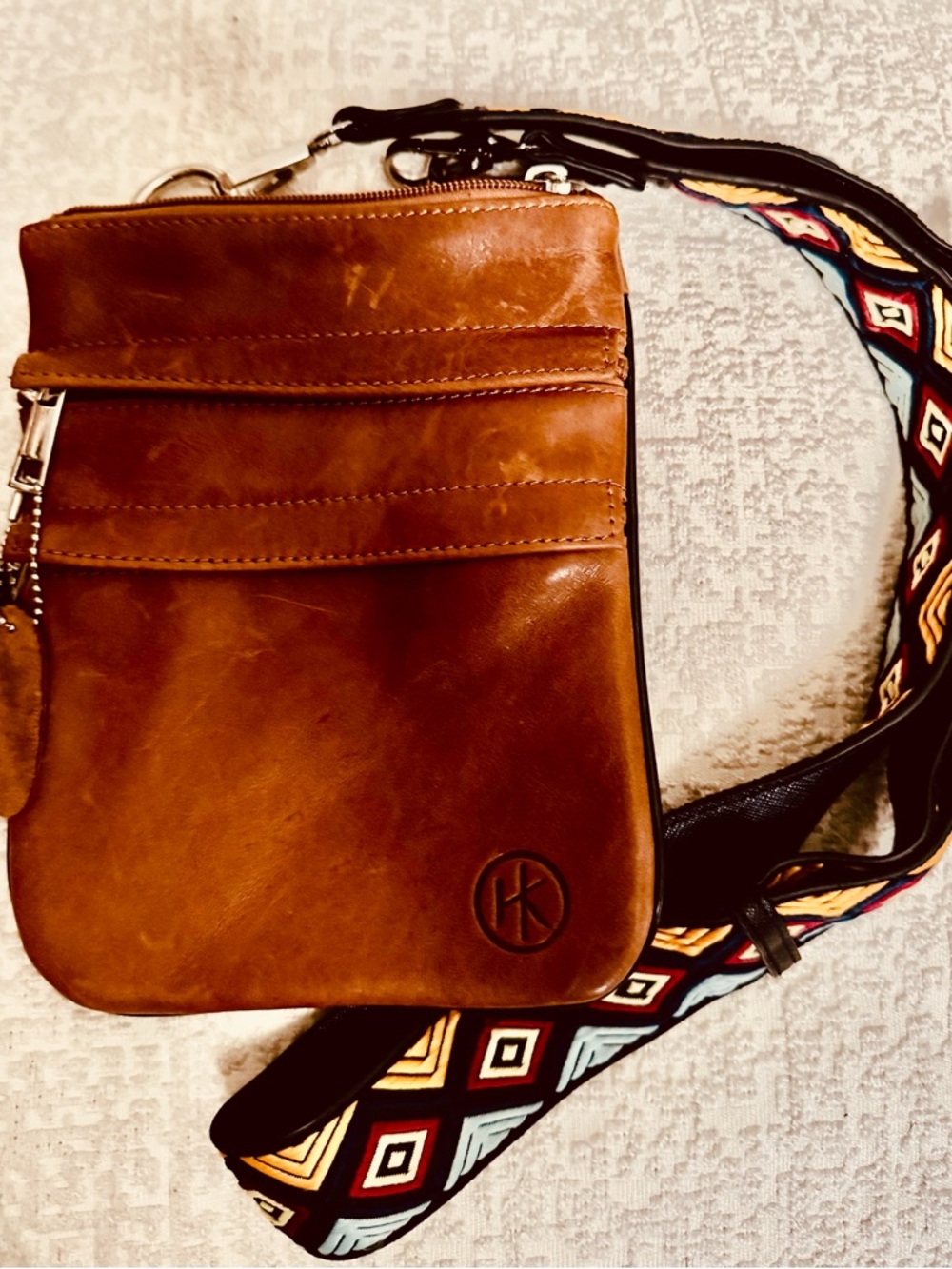 HK Men's Tan Leather Messenger Bag with Patterned Strap (crossbody)